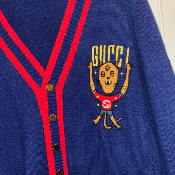 Vintage Authentic Gucci Alien Mascot Oversized Navy Blue Cardigan Mohair Cotton - Picture 10 of 12